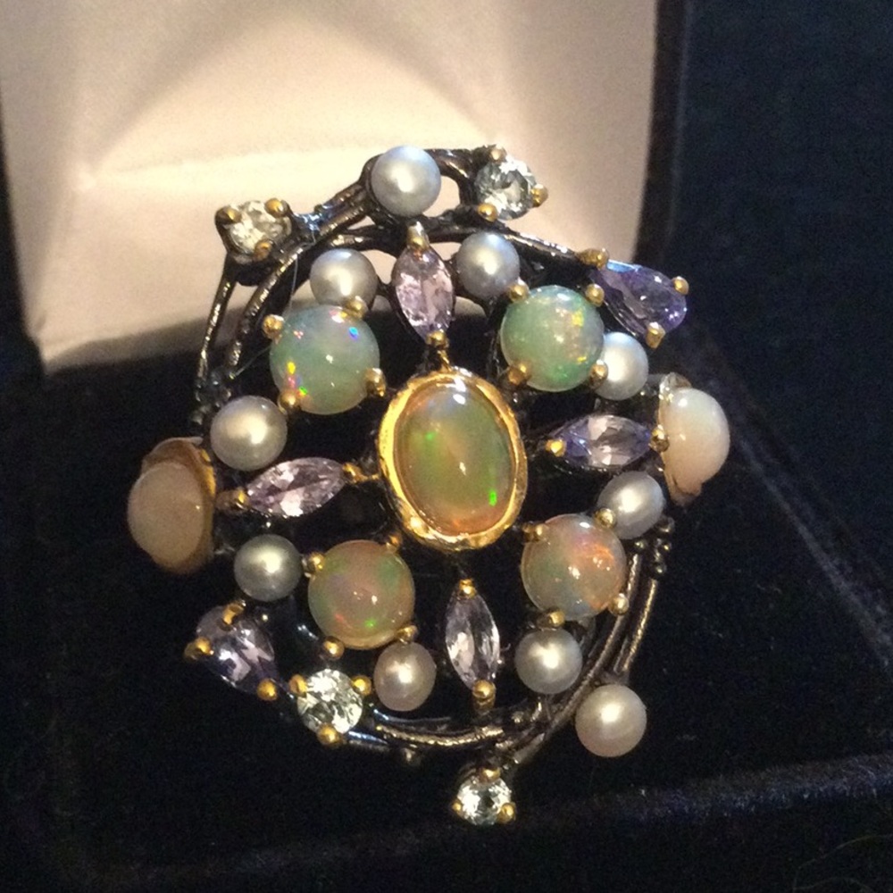 Genuine Natural Opals, Tanzanite & Pearls Ring - Picture 14 of 15